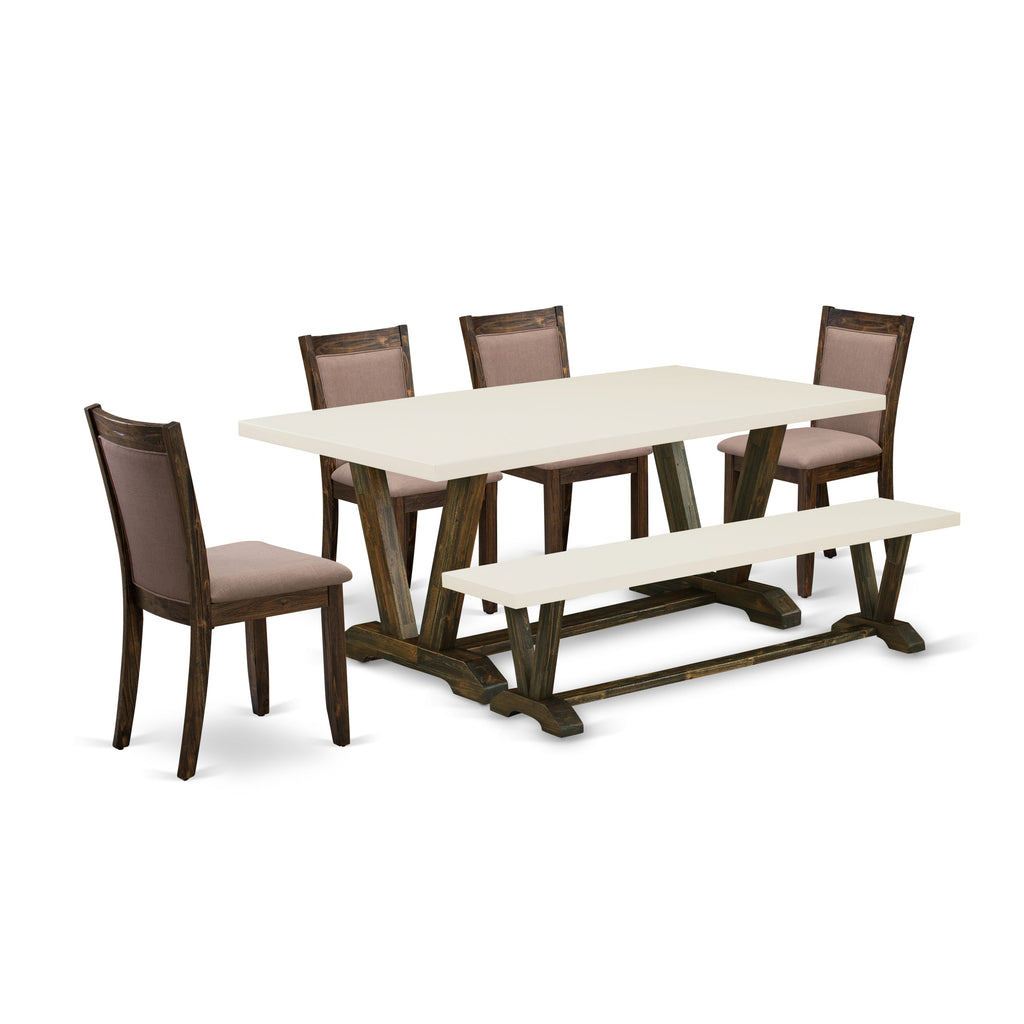 East West Furniture V727MZ748-6 6 Piece Dinette Set Contains a Rectangle Dining Room Table with V-Legs and 4 Coffee Linen Fabric Parson Chairs with a Bench