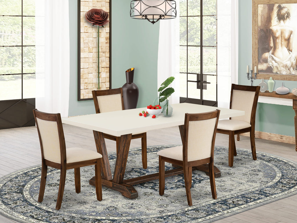 East West Furniture V727MZN32-5 5 Piece Dinette Set Includes a Rectangle Dining Room Table with V-Legs and 4 Light Beige Linen Fabric Parsons Dining Chairs