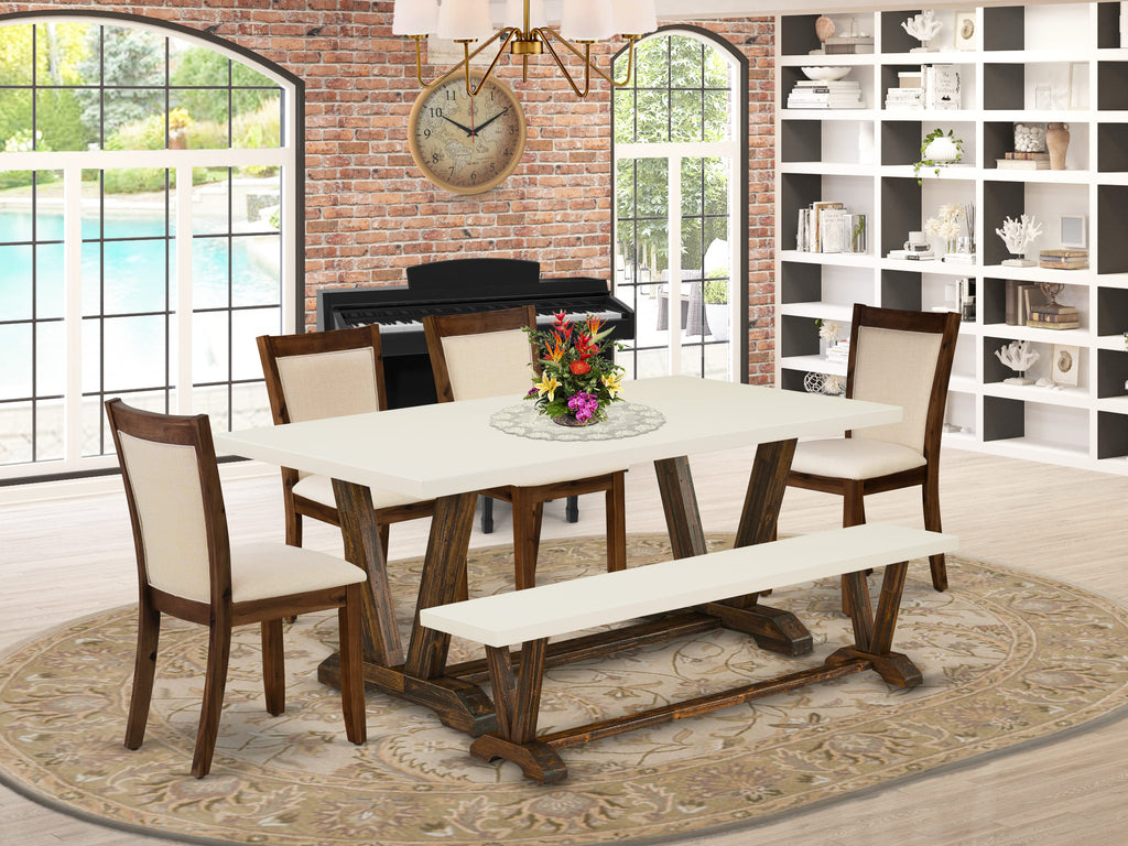 East West Furniture V727MZN32-6 6 Piece Dining Set Contains a Rectangle Dining Room Table with V-Legs and 4 Light Beige Linen Fabric Parson Chairs with a Bench