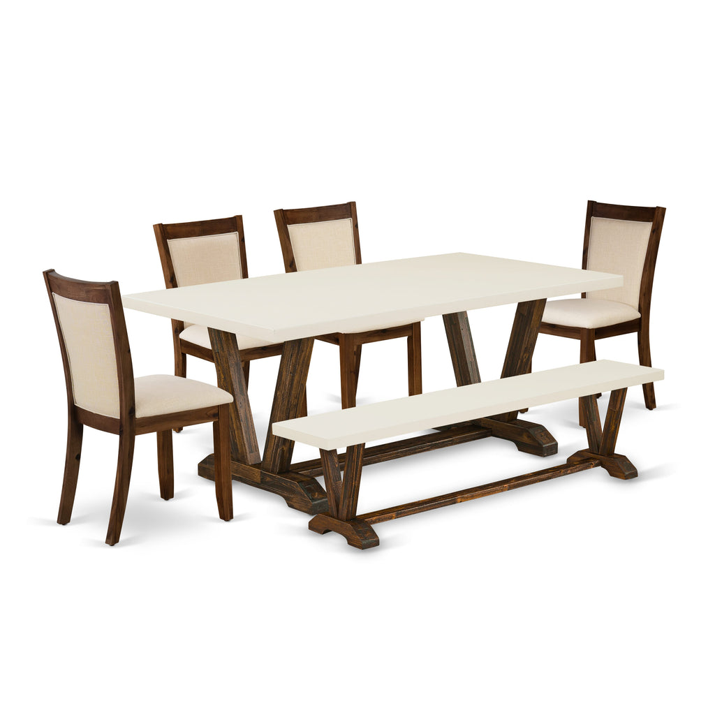 East West Furniture V727MZN32-6 6 Piece Dining Set Contains a Rectangle Dining Room Table with V-Legs and 4 Light Beige Linen Fabric Parson Chairs with a Bench