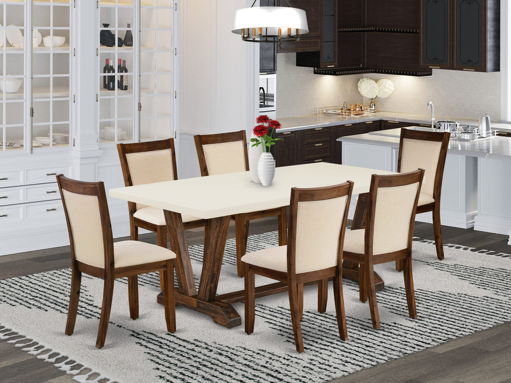 East West Furniture V727MZN32-7 7 Piece Dining Table Set Consist of a Rectangle Kitchen Table with V-Legs and 6 Light Beige Linen Fabric Parson Dining Chairs