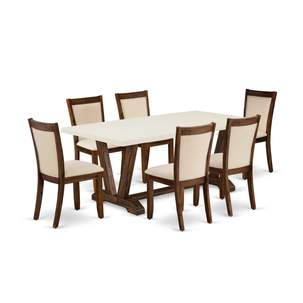 East West Furniture V727MZN32-7 7 Piece Dining Table Set Consist of a Rectangle Kitchen Table with V-Legs and 6 Light Beige Linen Fabric Parson Dining Chairs