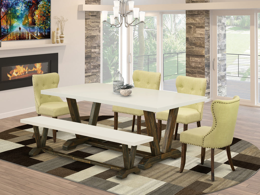 East West Furniture V727SI737-6 6 Piece Kitchen Table Set Contains a Rectangle Dining Table with V-Legs and 4 Limelight Linen Fabric Parson Chairs with a Bench