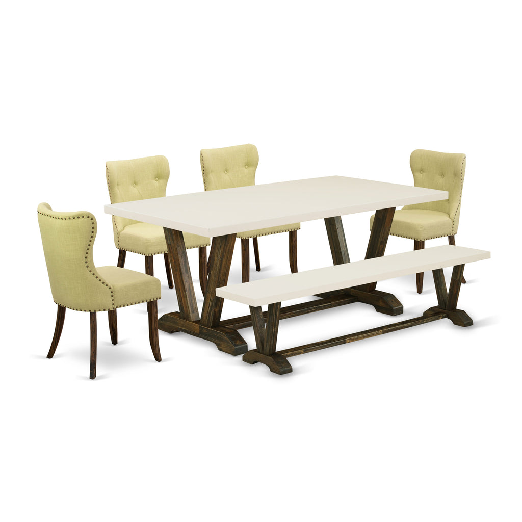 East West Furniture V727SI737-6 6 Piece Kitchen Table Set Contains a Rectangle Dining Table with V-Legs and 4 Limelight Linen Fabric Parson Chairs with a Bench