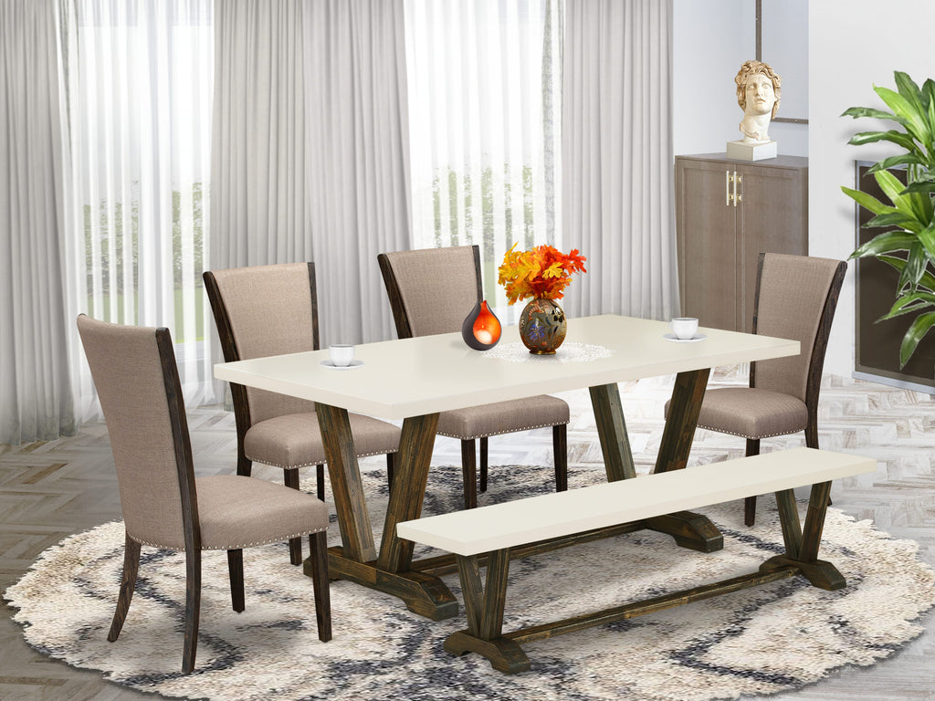 East West Furniture V727VE703-6 6 Piece Dining Room Table Set Contains a Rectangle Kitchen Table with V-Legs and 4 Brown Linen Fabric Parson Chairs with a Bench