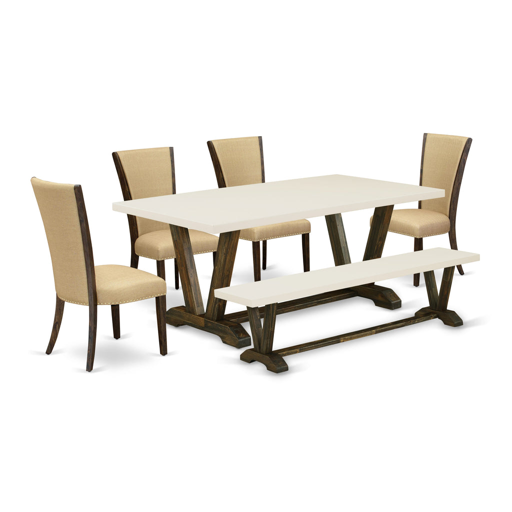 East West Furniture V727VE703-6 6 Piece Dining Room Table Set Contains a Rectangle Kitchen Table with V-Legs and 4 Brown Linen Fabric Parson Chairs with a Bench