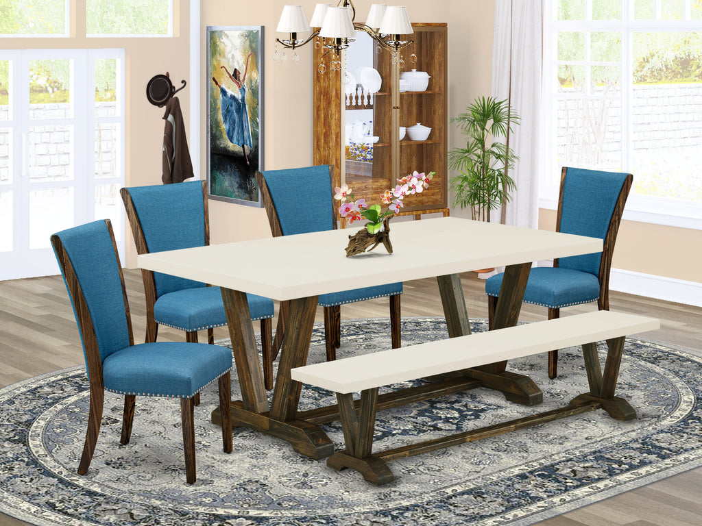 East West Furniture V727VE721-6 6 Piece Dining Table Set Contains a Rectangle Dining Room Table with V-Legs and 4 Blue Color Linen Fabric Parson Chairs with a Bench