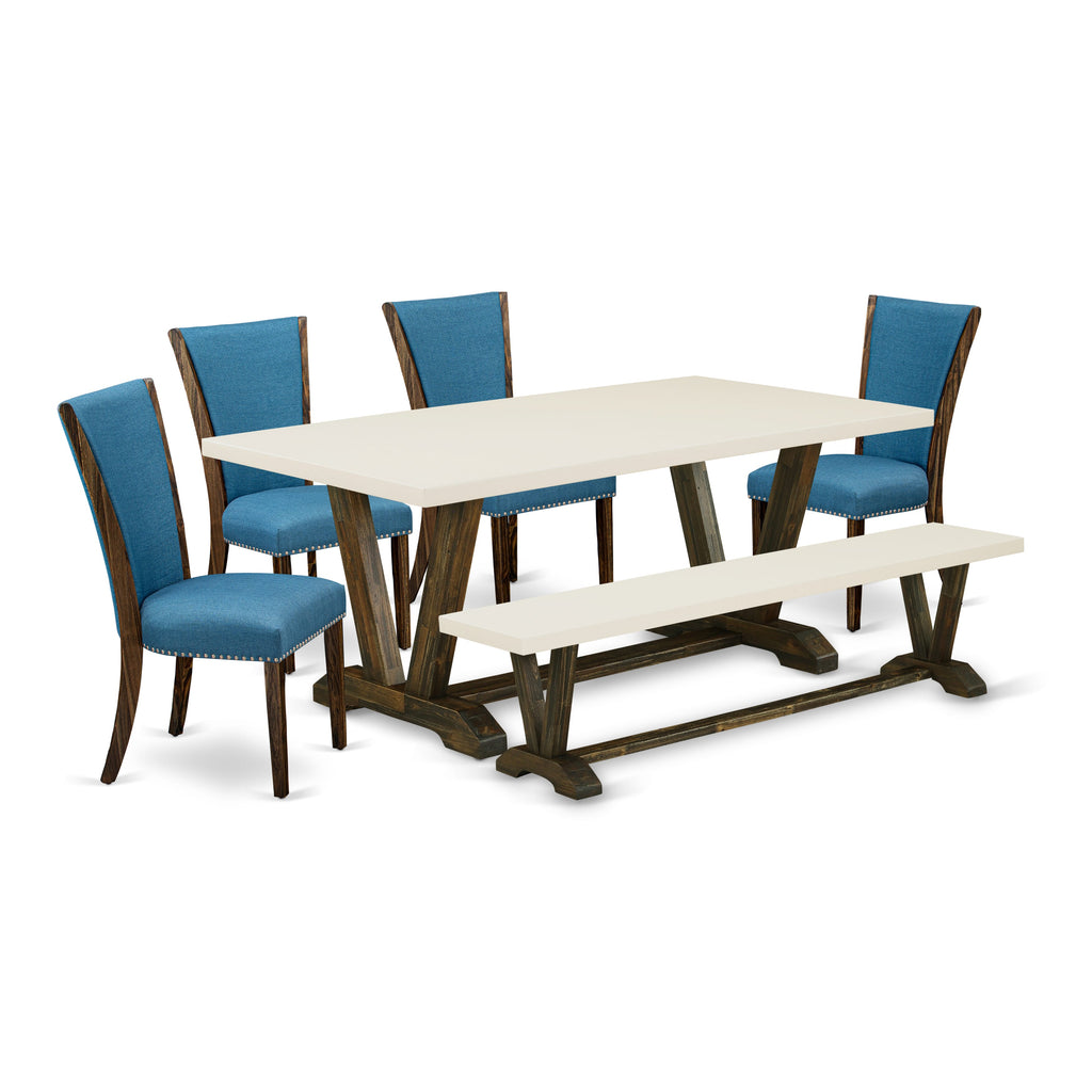 East West Furniture V727VE721-6 6 Piece Dining Table Set Contains a Rectangle Dining Room Table with V-Legs and 4 Blue Color Linen Fabric Parson Chairs with a Bench