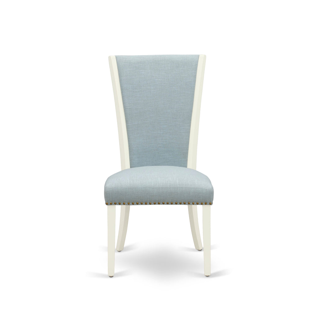 East West Furniture X027VE215-6 6 Piece Dinette Set Contains a Rectangle Dining Table with X-Legs and 4 Baby Blue Linen Fabric Parson Chairs with a Bench