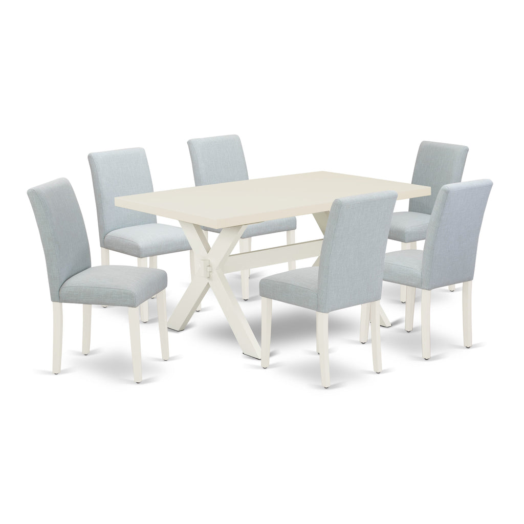 East West Furniture 7-Piece Kitchen Table Set Includes 6 Dining Chairs with Upholstered Seat and High Back and a Rectangular Modern Rectangular Dining Table - Linen White Finish