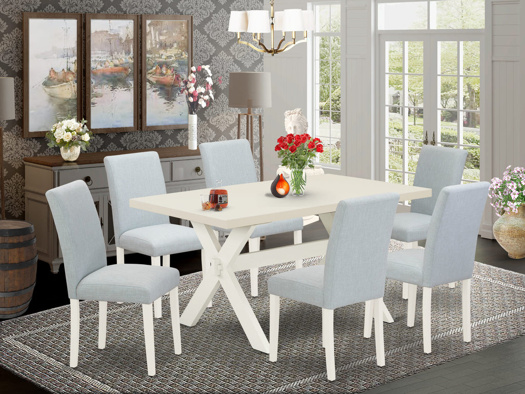 East West Furniture 7-Piece Kitchen Table Set Includes 6 Dining Chairs with Upholstered Seat and High Back and a Rectangular Modern Rectangular Dining Table - Linen White Finish