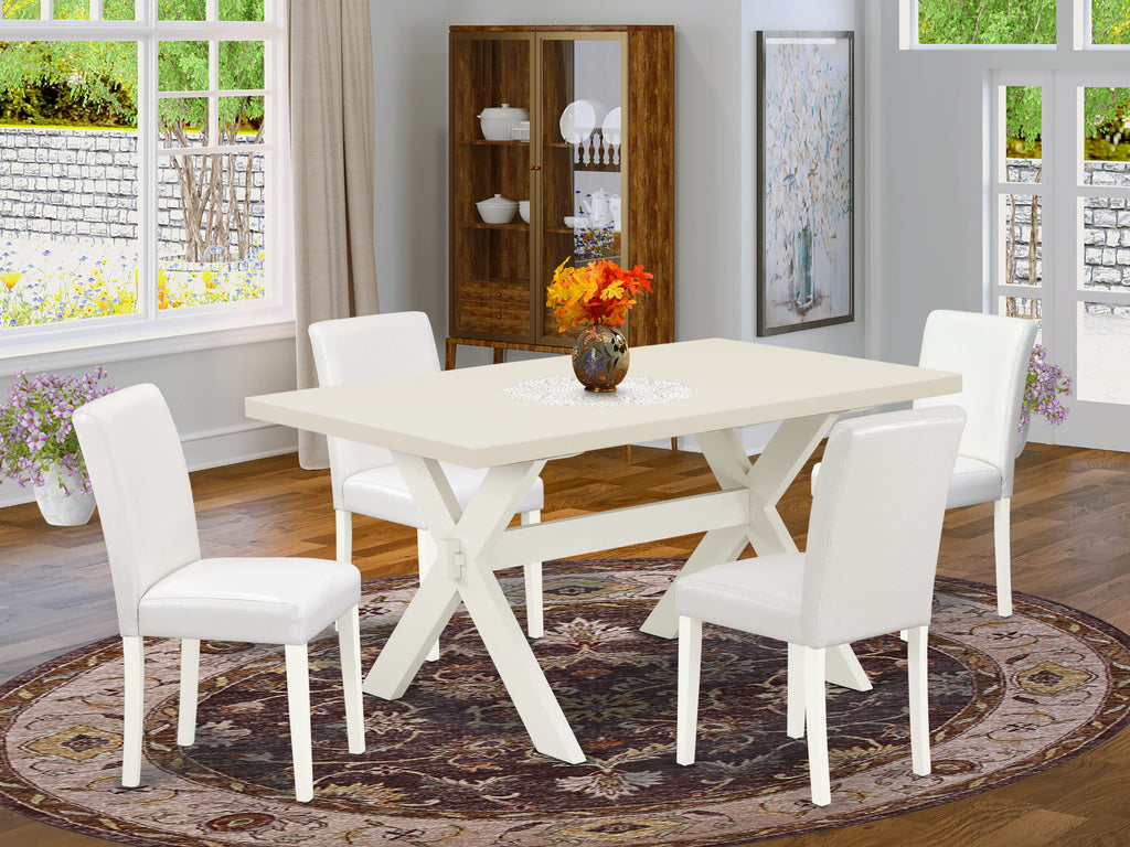 East West Furniture X026AB264-5 5 Piece Dining Set Includes a Rectangle Dining Room Table with X-Legs and 4 White Faux Leather Upholstered Parson Chairs