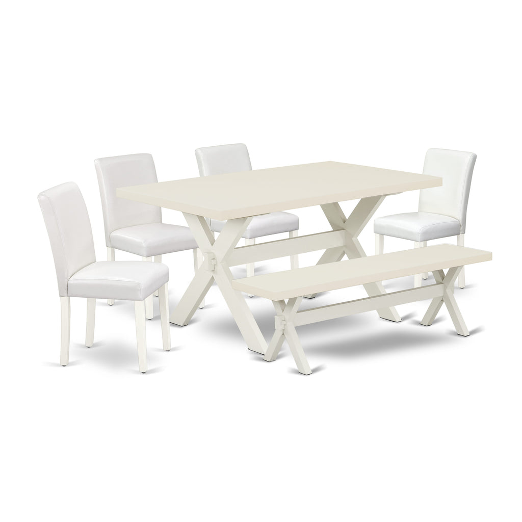 East West Furniture X026AB264-6 6 Piece Dining Table Set Contains a Rectangle Dining Room Table with X-Legs and 4 White Faux Leather Parson Chairs with a Bench