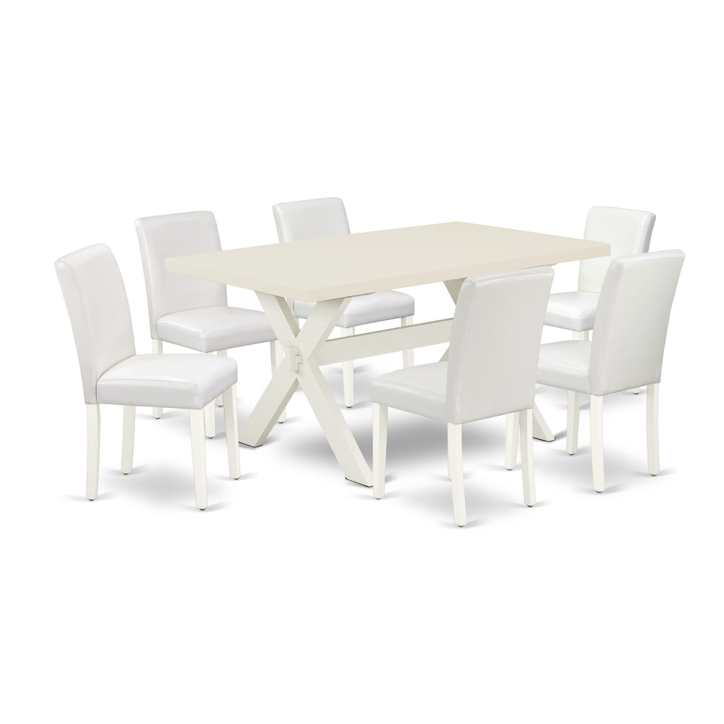 East West Furniture X026AB264-7 7 Piece Kitchen Table Set Consist of a Rectangle Dining Table with X-Legs and 6 White Faux Leather Parsons Dining Chairs