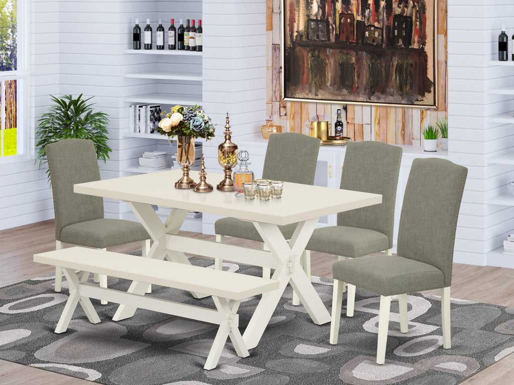 East West Furniture 6-Piece Dining room Table Set-Dark Shitake Linen Fabric Seat and Stylish Chair Back Dining chairs