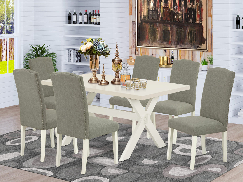 East West Furniture X026EN206-7 7 Piece Dining Table Set Consist of a Rectangle Kitchen Table with X-Legs and 6 Dark Shitake Linen Fabric Upholstered Chairs