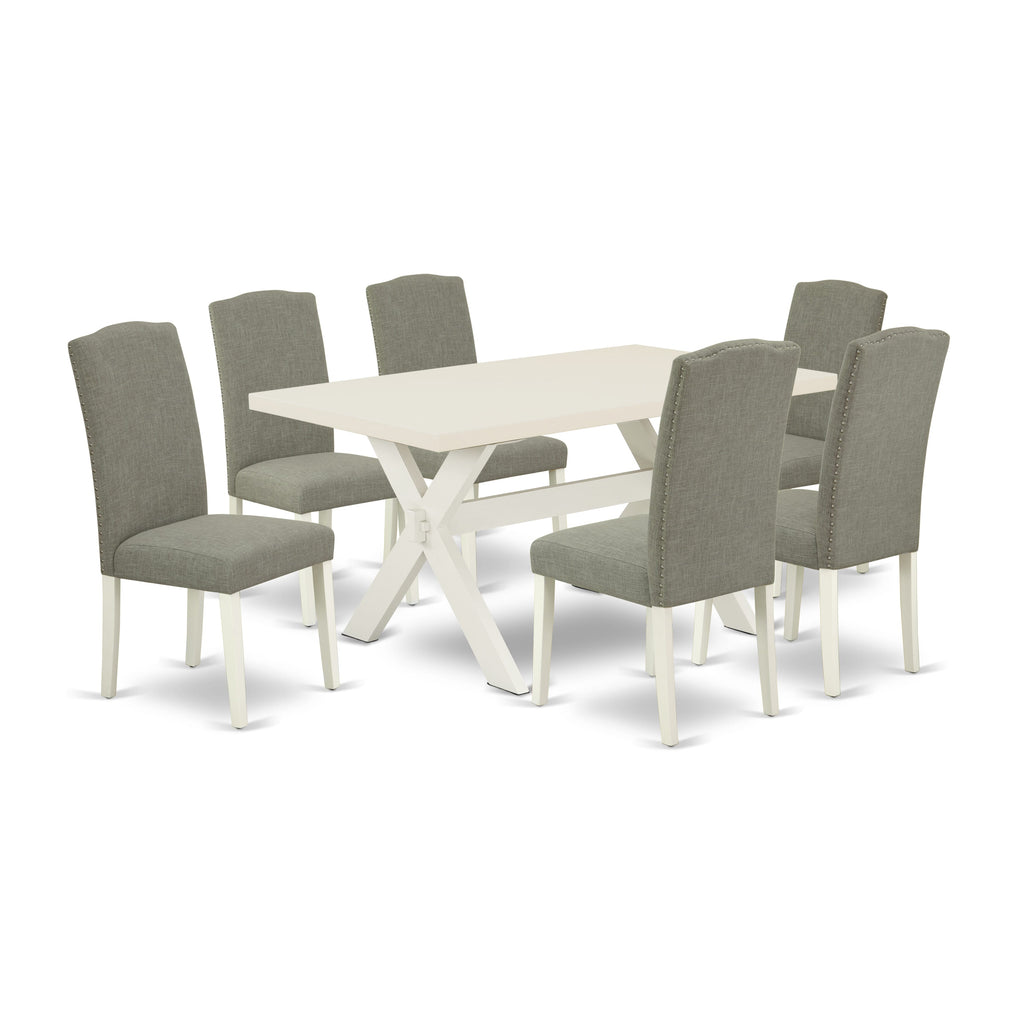 East West Furniture X026EN206-7 7 Piece Dining Table Set Consist of a Rectangle Kitchen Table with X-Legs and 6 Dark Shitake Linen Fabric Upholstered Chairs