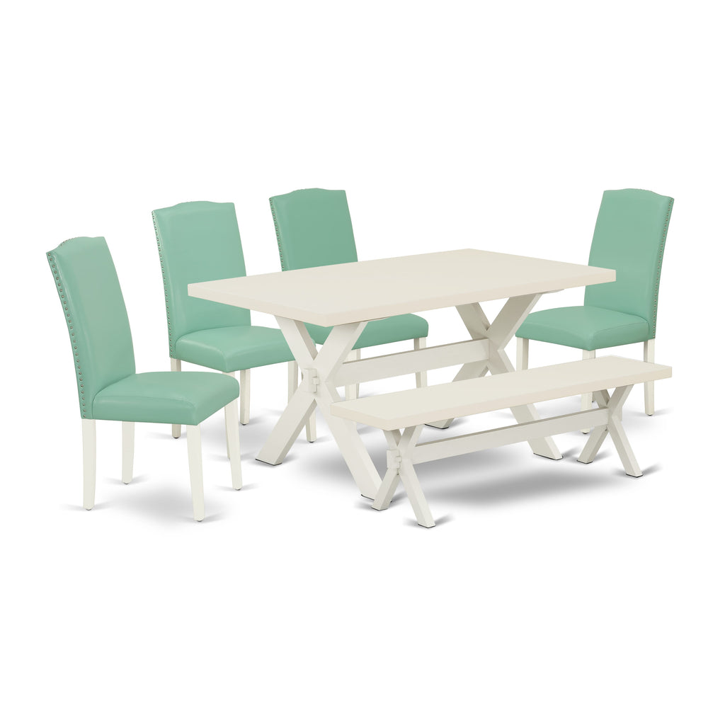 East West Furniture 6-Piece Wood Dining Table Set-Pond Linen Fabric Seat and Button Tufted Chair Back Kitchen chairs