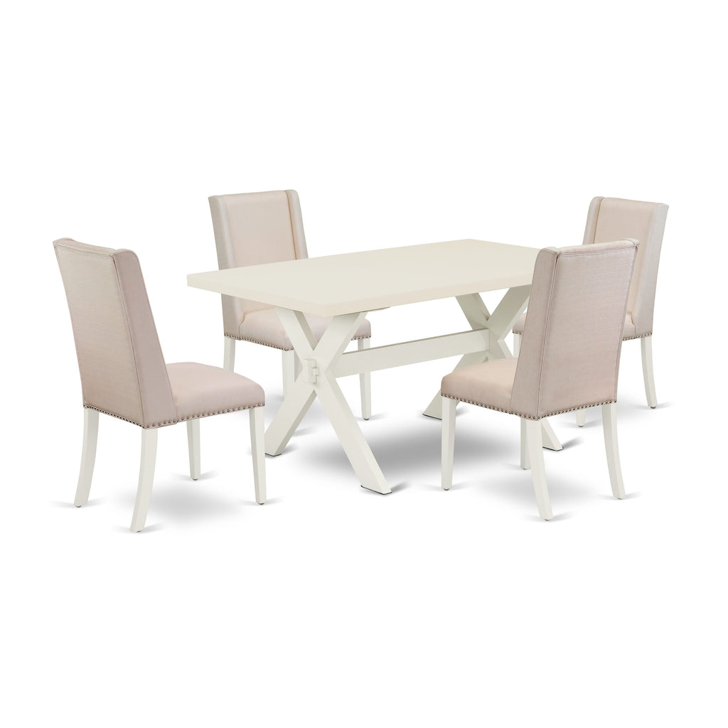 East West Furniture X026FL201-5 5 Piece Dinette Set for 4 Includes a Rectangle Dining Room Table with X-Legs and 4 Cream Linen Fabric Parson Dining Chairs