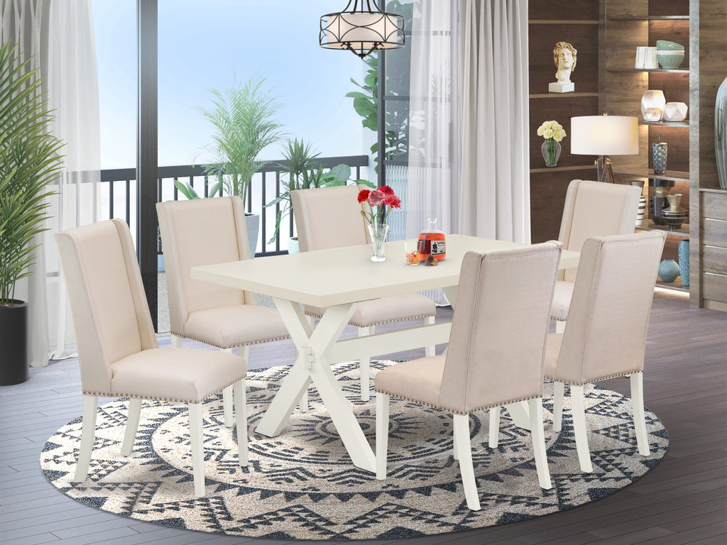 East West Furniture X026FL201-7 7 Piece Kitchen Table & Chairs Set Consist of a Rectangle Dining Room Table with X-Legs and 6 Cream Linen Fabric Upholstered Chairs