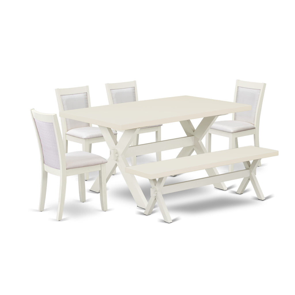 East West Furniture X026MZ001-6 6 Piece Dining Room Table Set Contains a Rectangle Dining Table with X-Legs and 4 Cream Linen Fabric Parson Chairs with a Bench