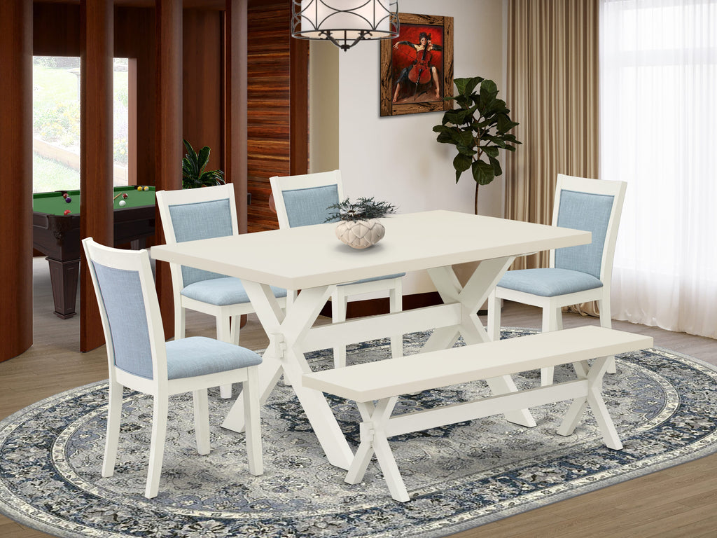 East West Furniture X026MZ015-6 6 Piece Dining Room Table Set Contains a Rectangle Kitchen Table with X-Legs and 4 Baby Blue Linen Fabric Parson Chairs with a Bench