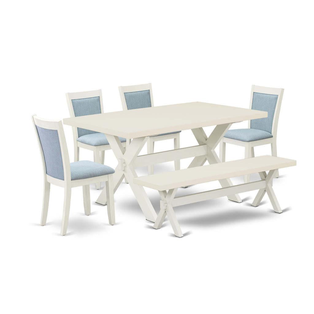 East West Furniture X026MZ015-6 6 Piece Dining Room Table Set Contains a Rectangle Kitchen Table with X-Legs and 4 Baby Blue Linen Fabric Parson Chairs with a Bench