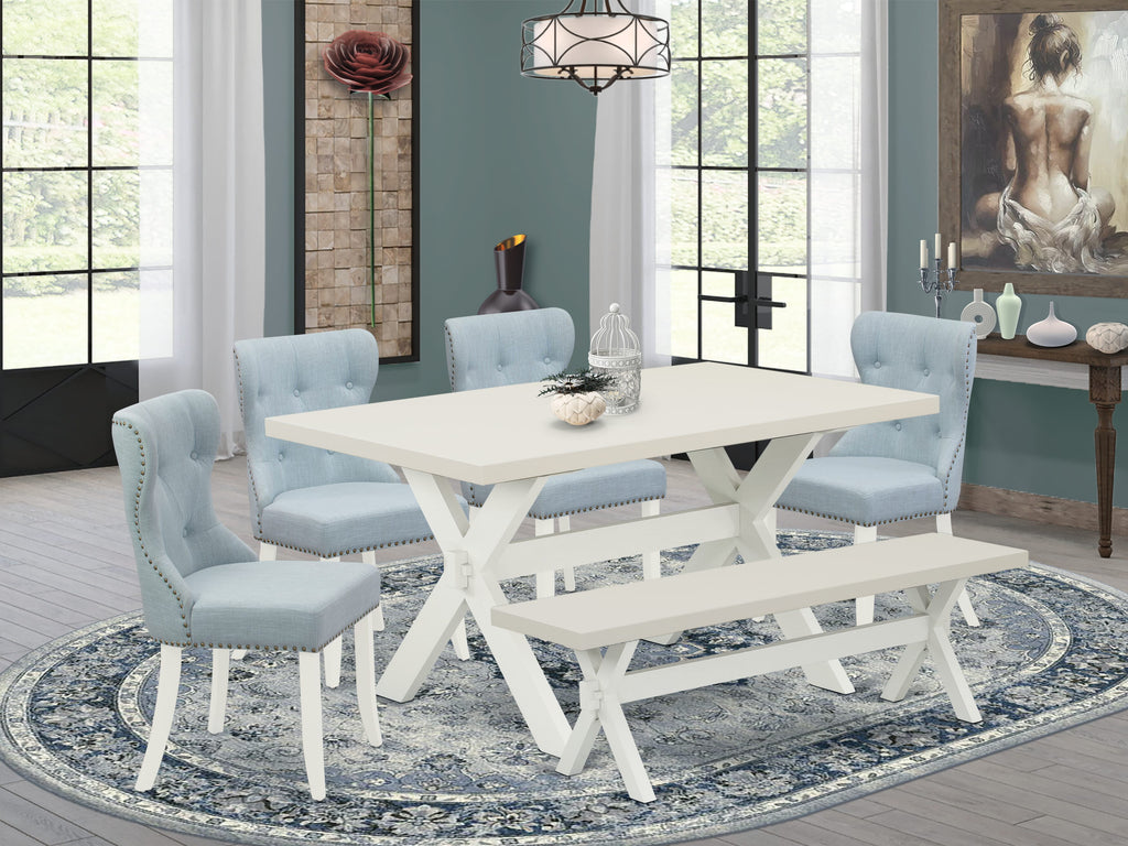 East West Furniture X026SI215-6 6 Piece Modern Dining Table Set Contains a Rectangle Wooden Table and 4 Baby Blue Linen Fabric Upholstered Chairs with a Bench