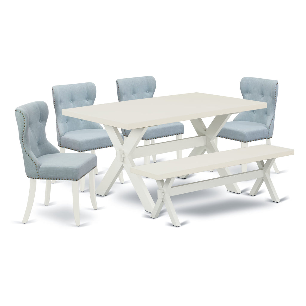 East West Furniture X026SI215-6 6 Piece Modern Dining Table Set Contains a Rectangle Wooden Table and 4 Baby Blue Linen Fabric Upholstered Chairs with a Bench