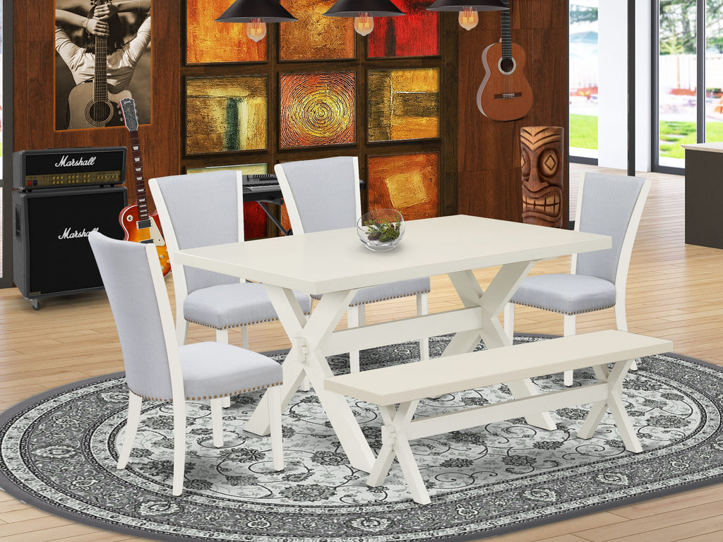 East West Furniture X026VE005-6 6 Piece Kitchen Table Set Contains a Rectangle Dining Table with X-Legs and 4 Grey Linen Fabric Parson Chairs with a Bench