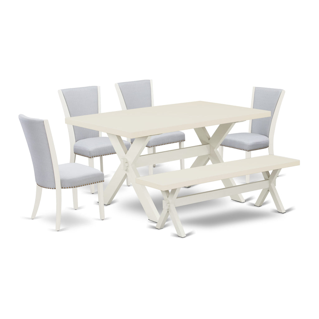 East West Furniture X026VE005-6 6 Piece Kitchen Table Set Contains a Rectangle Dining Table with X-Legs and 4 Grey Linen Fabric Parson Chairs with a Bench