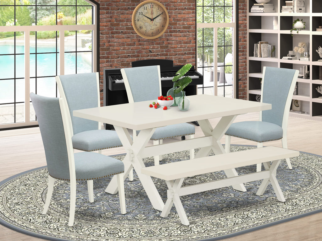 East West Furniture X026VE215-6 6 Piece Dinette Set Contains a Rectangle Dining Room Table with X-Legs and 4 Baby Blue Linen Fabric Upholstered Chairs with a Bench