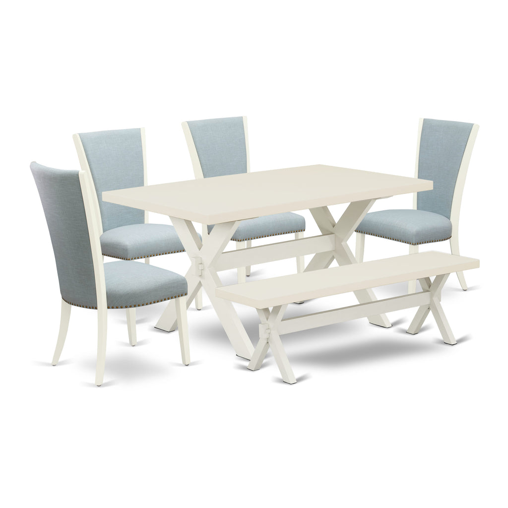 East West Furniture X026VE215-6 6 Piece Dinette Set Contains a Rectangle Dining Room Table with X-Legs and 4 Baby Blue Linen Fabric Upholstered Chairs with a Bench