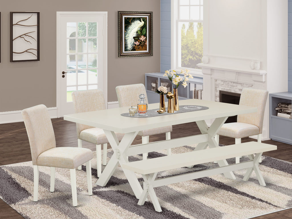 East West Furniture X027AB202-6 6 Piece Dining Set Contains a Rectangle Dining Room Table with X-Legs and 4 Light Beige Linen Fabric Parson Chairs with a Bench