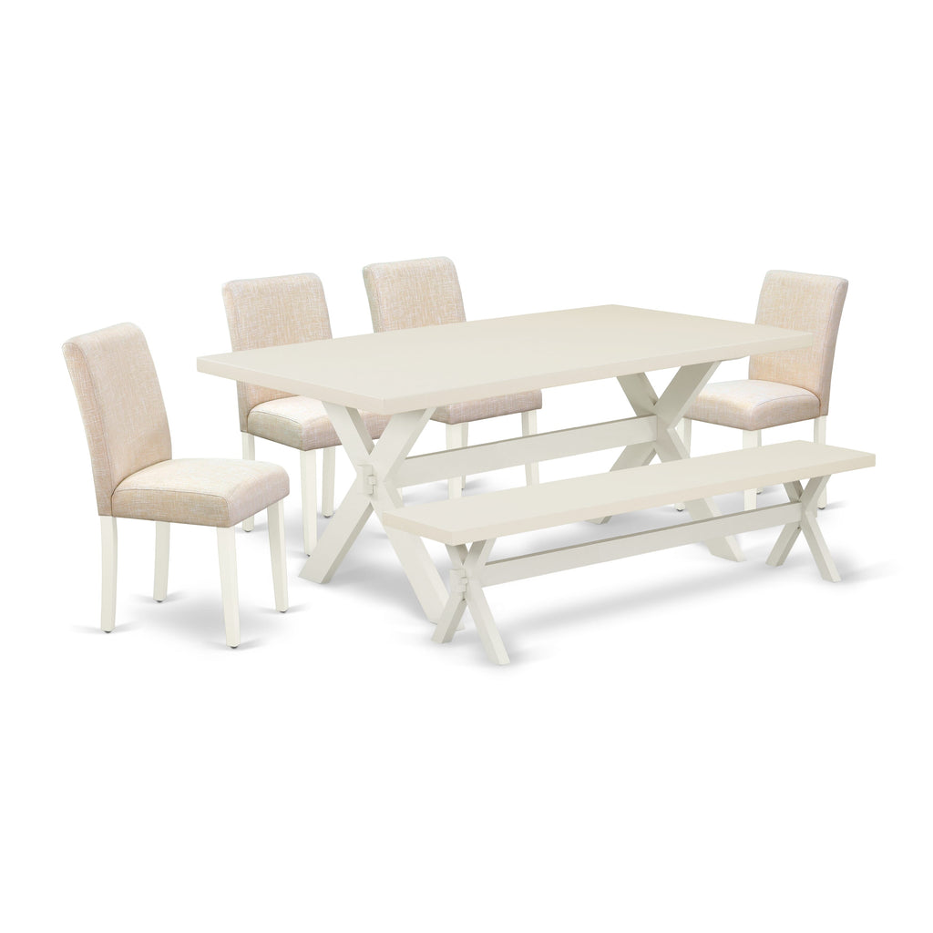 East West Furniture X027AB202-6 6 Piece Dining Set Contains a Rectangle Dining Room Table with X-Legs and 4 Light Beige Linen Fabric Parson Chairs with a Bench