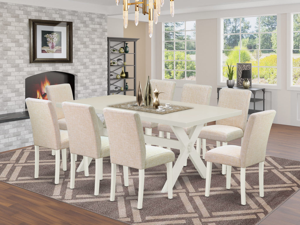 East West Furniture X027AB202-9 9 Piece Dining Set Includes a Rectangle Dining Room Table with X-Legs and 8 Light Beige Linen Fabric Upholstered Chairs