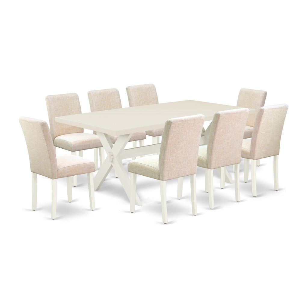 East West Furniture X027AB202-9 9 Piece Dining Set Includes a Rectangle Dining Room Table with X-Legs and 8 Light Beige Linen Fabric Upholstered Chairs