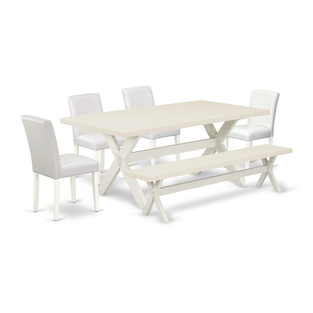 East West Furniture X027AB264-6 6 Piece Dining Table Set Contains a Rectangle Kitchen Table with X-Legs and 4 White Faux Leather Upholstered Chairs with a Bench