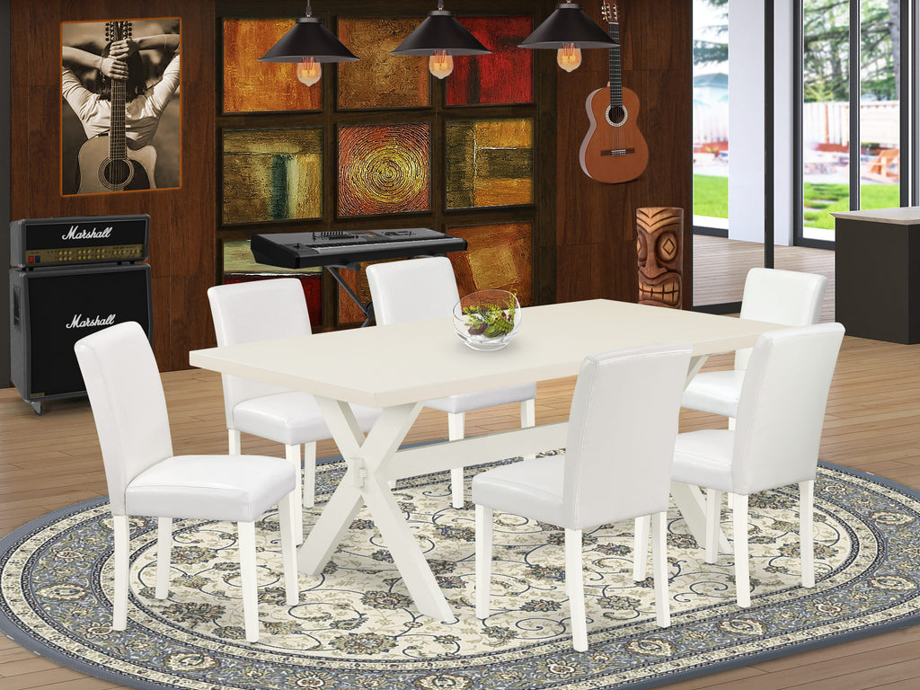 East West Furniture X027AB264-7 7 Piece Dining Set Consist of a Rectangle Dining Room Table with X-Legs and 6 White Faux Leather Upholstered Parson Chairs