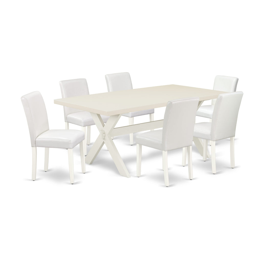 East West Furniture X027AB264-7 7 Piece Dining Set Consist of a Rectangle Dining Room Table with X-Legs and 6 White Faux Leather Upholstered Parson Chairs