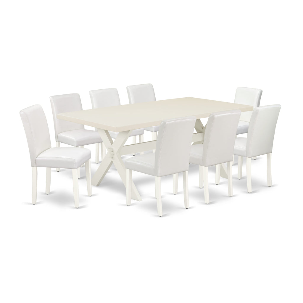 East West Furniture X027AB264-9 9 Piece Dining Set Includes a Rectangle Dining Room Table with X-Legs and 8 White Faux Leather Upholstered Parson Chairs