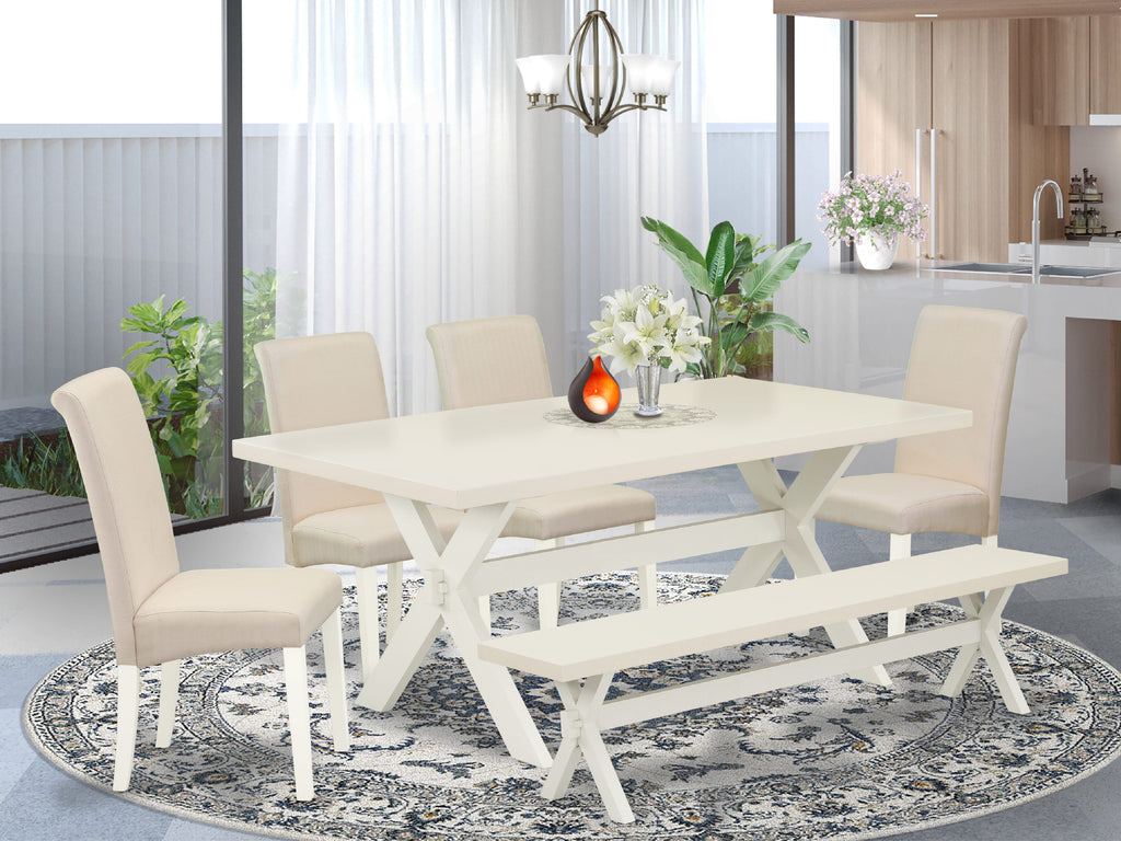 East West Furniture X027BA201-6 6 Piece Dining Room Set Contains a Rectangle Dining Table with X-Legs and 4 Cream Linen Fabric Parson Chairs with a Bench