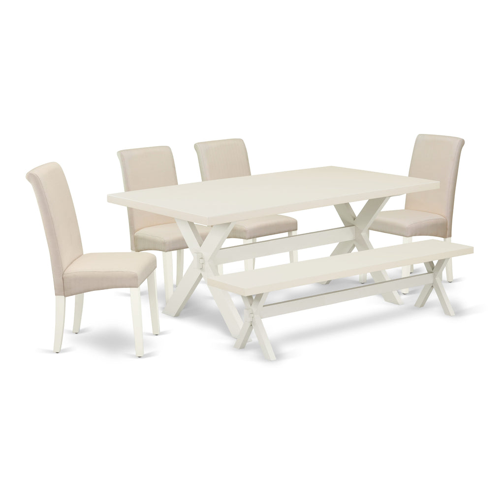 East West Furniture X027BA201-6 6 Piece Dining Room Set Contains a Rectangle Dining Table with X-Legs and 4 Cream Linen Fabric Parson Chairs with a Bench