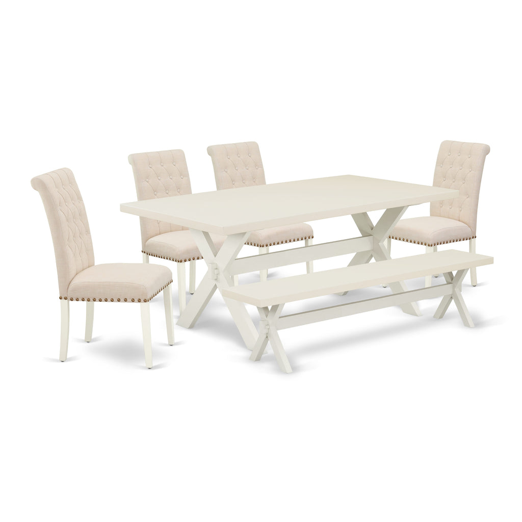 East West Furniture X027BR202-6 6 Piece Dining Table Set Contains a Rectangle Kitchen Table with X-Legs and 4 Light Beige Linen Fabric Parson Chairs with a Bench