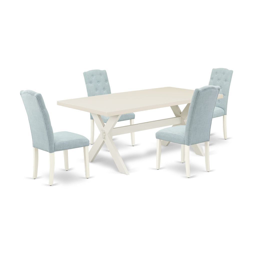 East West Furniture X027CE215-5 5 Piece Modern Dining Table Set Includes a Rectangle Wooden Table with X-Legs and 4 Baby Blue Linen Fabric Upholstered Chairs