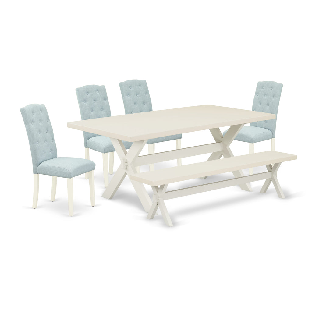 East West Furniture X027CE215-6 6 Piece Dining Room Set Contains a Rectangle Dining Table with X-Legs and 4 Baby Blue Linen Fabric Parson Chairs with a Bench