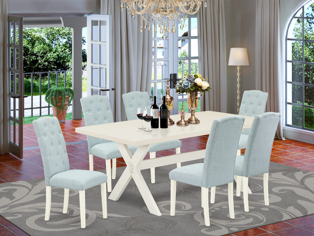 East West Furniture X027CE215-7 7 Piece Dining Room Table Set Consist of a Rectangle Kitchen Table with X-Legs and 6 Baby Blue Linen Fabric Parson Dining Chairs