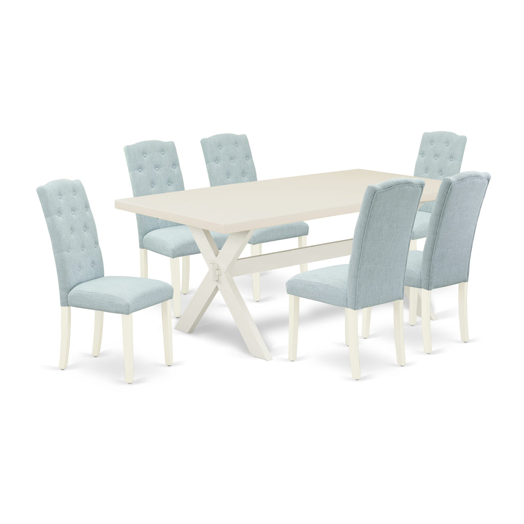 East West Furniture X027CE215-7 7 Piece Dining Room Table Set Consist of a Rectangle Kitchen Table with X-Legs and 6 Baby Blue Linen Fabric Parson Dining Chairs