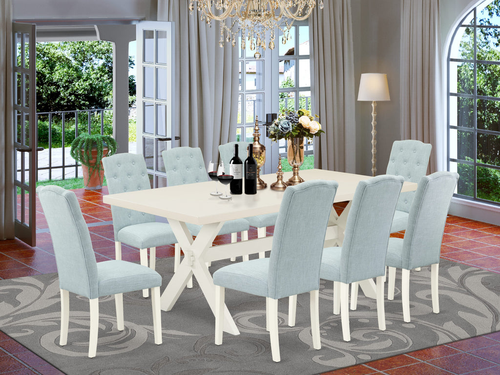 East West Furniture X027CE215-9 9 Piece Dining Table Set Includes a Rectangle Dining Room Table with X-Legs and 8 Baby Blue Linen Fabric Upholstered Parson Chairs