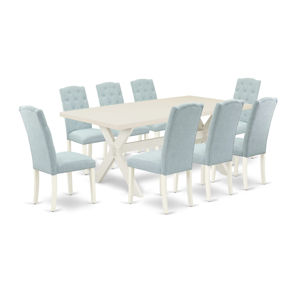 East West Furniture X027CE215-9 9 Piece Dining Table Set Includes a Rectangle Dining Room Table with X-Legs and 8 Baby Blue Linen Fabric Upholstered Parson Chairs